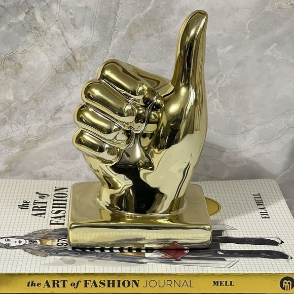 Ceramic Thumbs Up Sign Hand Sculpture Figurine Metallic Gold Tone Figural Decor - Picture 1 of 15